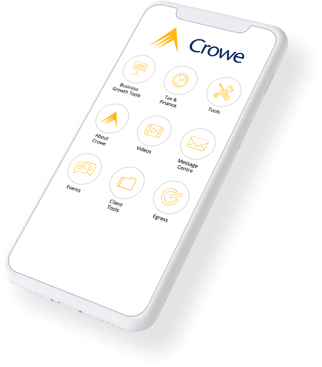 A branded app home screen for Crowe, on a mobile phone.